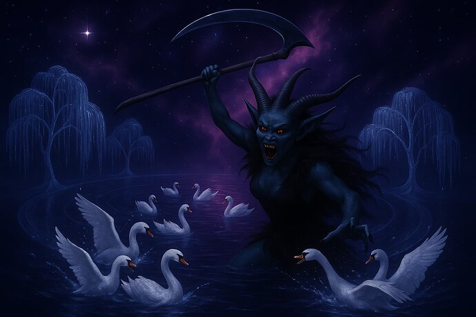 20250602_2308_Demon Confronts Swans_remix_01jws7f7y8es5t07c7t322vzzx
