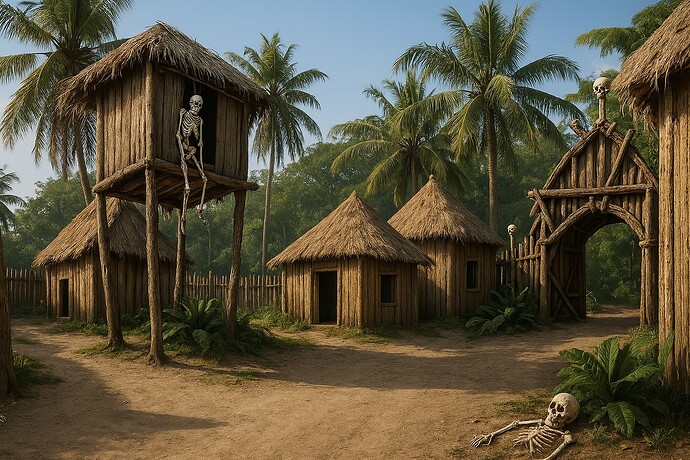 20250404_1724_Tropical Village Skeletons_remix_01jr0pe1ake948vyq0q9hg9rad