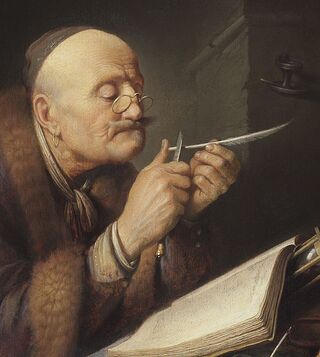 Gemälde eines Gelehrten, der einen Federkiel anspitzt
